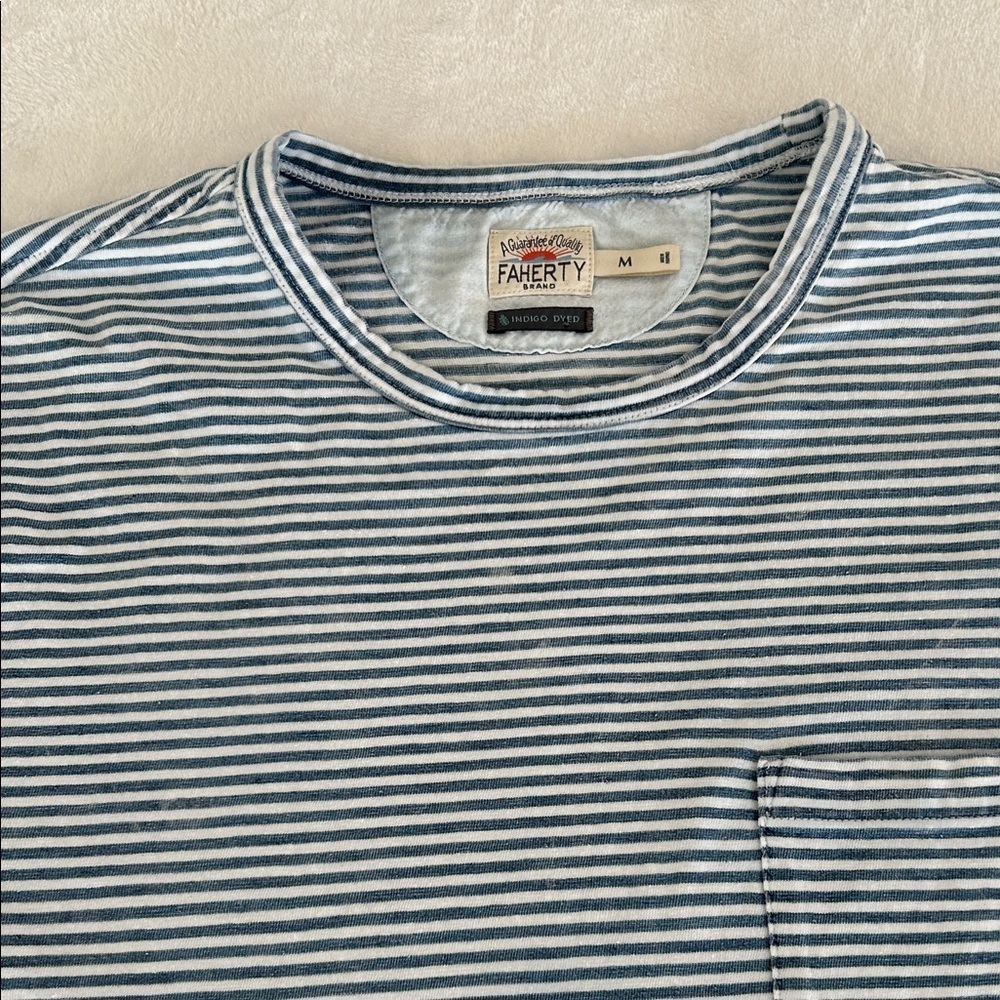 Faherty Men's Navy and White Striped Tee. Indigo Dyed. Men’s size Medium.